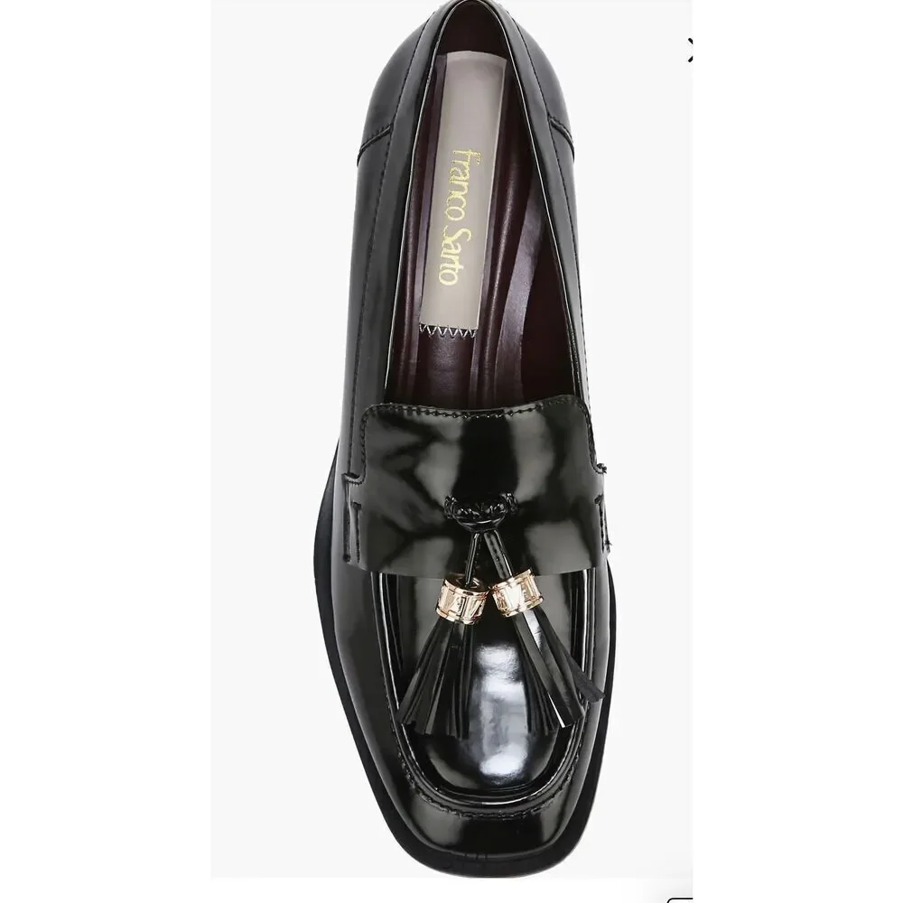 NWOB Franco Sorto Donna Block Heel Tassel Faux Patent leather Loafers Black 6M